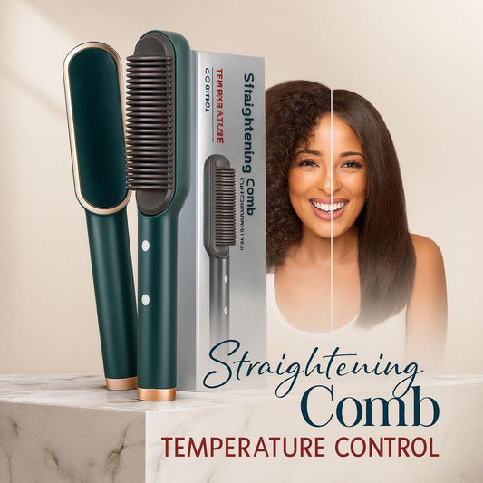 Professional Ionic Hair Straightening Comb with Adjustable Temperature Control - Sleek Emerald & Gold